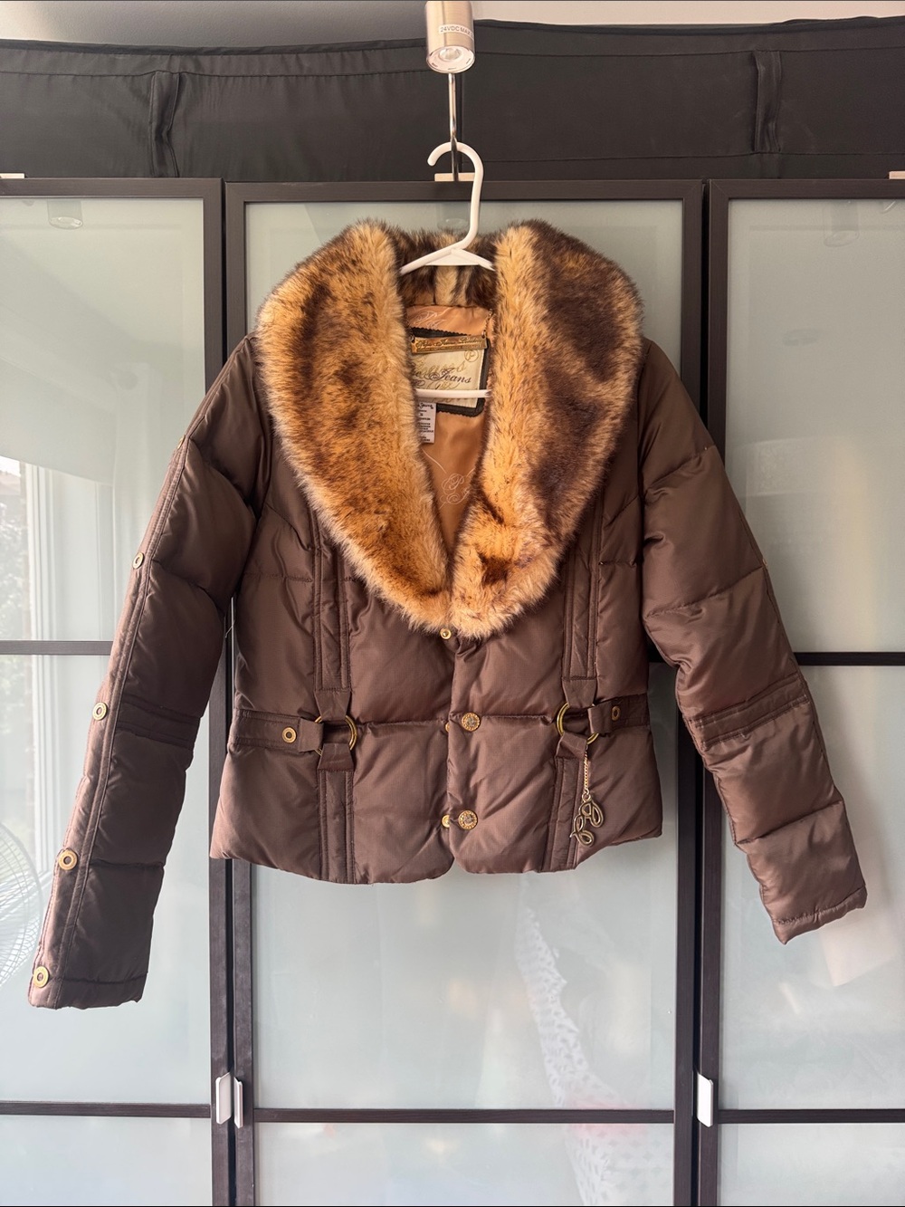 Pepe Jeans Brown Quilted Puffer Jacket with Faux Fur Shawl Collar